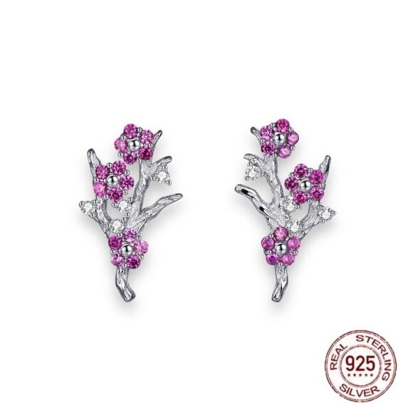 Jewelry - NWT Dainty Flower Stud Earrings PS925 Sterling Silver Pink CZ Cherry Blossom